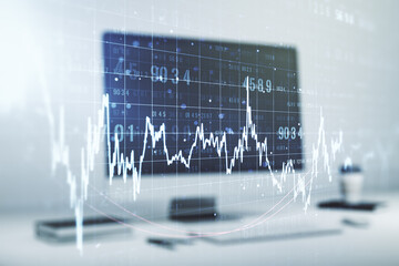 Multi exposure of abstract financial graph on laptop background, financial and trading concept