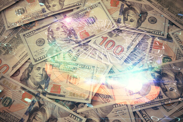 Double exposure of data theme drawing over us dollars bill background. Technology concept.