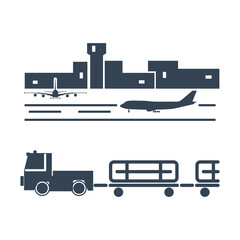 Vector black icon airport luggage towing truck, freight trolley