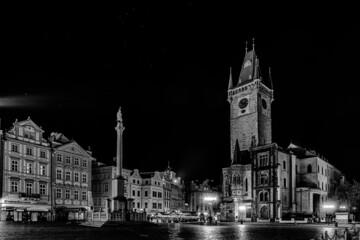 Prague Old Town Square black and white in the night