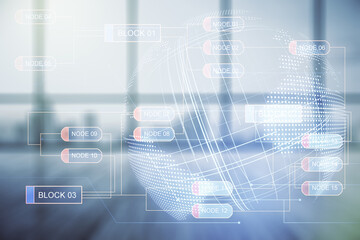 Abstract virtual coding illustration and world map on modern interior background, international software development concept. Multiexposure