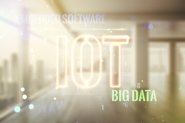 Abstract virtual IOT hologram on empty corporate office background. Multiexposure