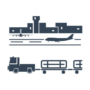 Vector black icon airport luggage towing truck, freight trolley