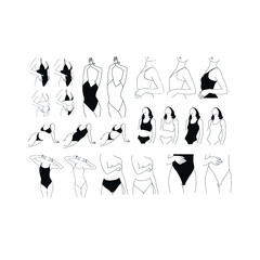 Sensual Linear Minimalistic Female Figure In Underwear. Abstract Vector Illustration Of The Woman Body. Design Idea For Tattoo, Card, Poster, Logo. Trendy Drawing For Underwear Magazine And Promotion
