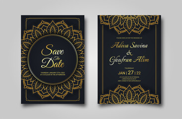 Luxury Wedding invitation card with golden mandala ornament on black background. Elegant invitation template