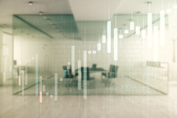 Double exposure of virtual creative financial diagram on a modern furnished office interior background, banking and accounting concept