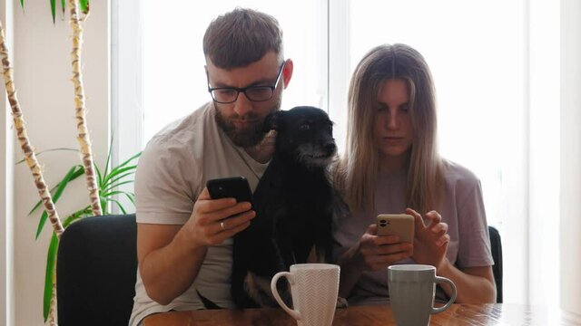 Young couple family sitting with a dog and using smartphone chatting typing messages or playing games. Addicted man and woman looking at phone and not talking 