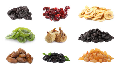 Set with different tasty dried fruits on white background
