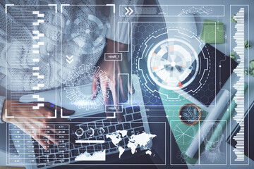 Double exposure of woman hands working on computer and data theme hologram drawing. Top View. Technology concept.