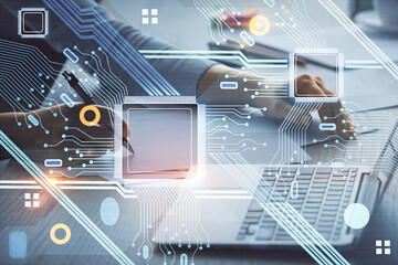 Multi exposure of woman hands working on computer and data theme hologram drawing. Tech concept.