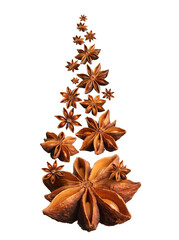 Dry aromatic anise stars falling on white background