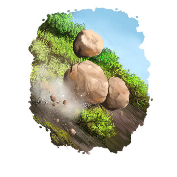 Rockfall digital art illustration of natural disaster. Falling down stones from mountain, blockage of road, rocks obstruction, landslide concept, extreme tumble, geology earthquake artwork picture.