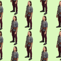 Obraz premium Seamless pattern made of portraits of male cameraman with retro camera isolated on green studio background.