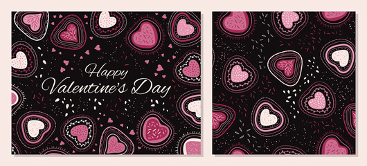 Pink hearts - seamless pattern and card. Abstract  background of hearts for Valentine's Day. Background for fabric, textile, wallpaper, poster, web site, card, gift wrapping paper