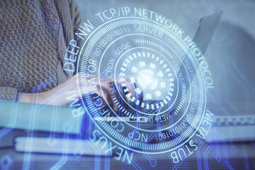 Double exposure of woman hands working on computer and data theme hologram drawing. Tech concept.