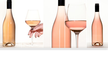 Collage made of rose wine bottles.