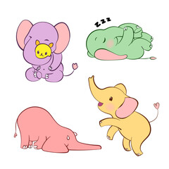 Emotional sticker set with cute elefant in different colors. Kawaii style. Cartoon emoji sticker with elefants in different moods. Vector illustration.