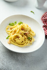 Traditional homemade pasta Carbonara with pork and egg