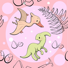 Seamless pattern with cute dinosaur. Parasaurolophus and pterodactyl in kawaii style. Vector