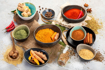 Fototapeta na wymiar Assortment of Indian spices on gray background.