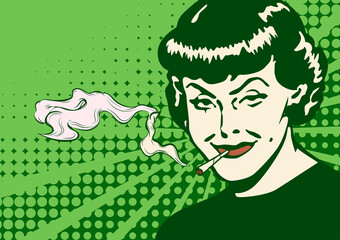 Woman retro portrait. Girl cannabis smoker.  - 471989954