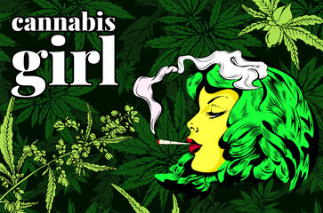 Woman portrait. Girl cannabis smoker. Lady long hair smoke a joint with marijuana. Cannabis grass on the background - 471989962