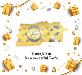 happy new year 2022 golden and silver number with party element and gold brush isolated on white background