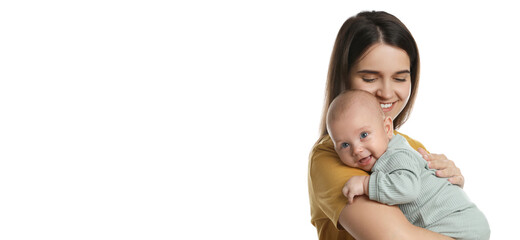 Beautiful mother with her cute baby on white background. Banner design - Powered by Adobe