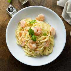 Traditional homemade pasta with shrimps
