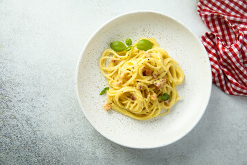 Traditional homemade pasta Carbonara with pork and egg