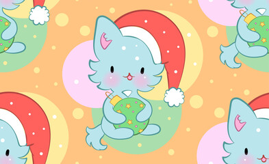 Seamless ornament with cute kittens in kawaii style. Vector pattern. Merry Christmas cats.