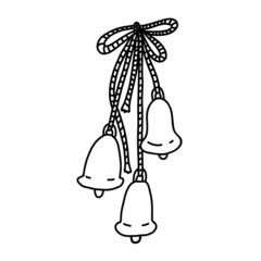 Bells on a rope Christmas decoration. Hand drawn doodle vector illustration isolated on white. Great for xmas and New year greeting cards, posters..