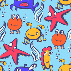 Seamless pattern with funny monsters living in the sea