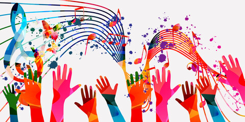 Music background with colorful G-clef, music notes and hands vector illustration design. Artistic music festival poster, live concert events, party flyer, music notes signs and symbols