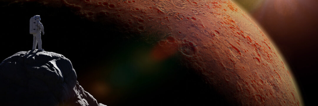 astronaut watching planet Mars from one of the martian moons 