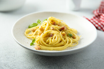 Traditional homemade pasta Carbonara with pork and egg