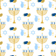 Happy Hanukkah, the Jewish festival of lights. Menorah candle holder with lighted candles. Vector seamless pattern on white background
