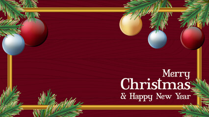 Merry Christmas and Happy New Year Season Wishes with Realistic Christmas Tree Branches and Christmas ball. Christmas card. Vector Illustration for backdrop, banner, poster, newsletter, advertisement.