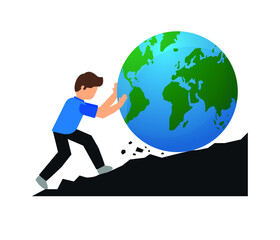 It's a businessman to take the world to the top. Saving the planet and business concept. Vector illustration.
