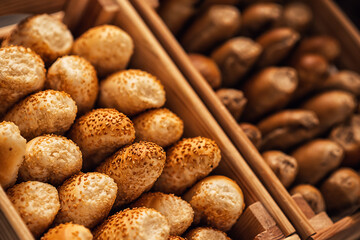 Composition with pastry in basket, combination of pastries for bakery or market with wheat