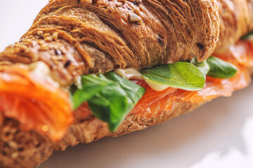 still life with croissant and coffee on a white background, product photo, savory breakfast and coffee break