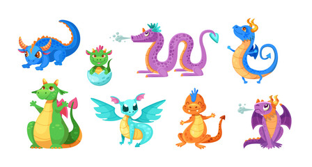 Fototapeta premium Magic fairy dragons set. Childish fantasy medieval reptile funny mythology monsters