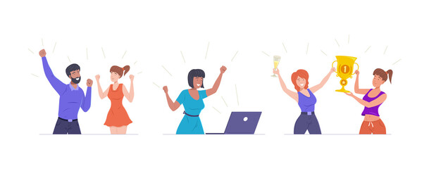 Fototapeta premium Diverse people celebrating win set. Happy man and woman holding golden championship cup good news