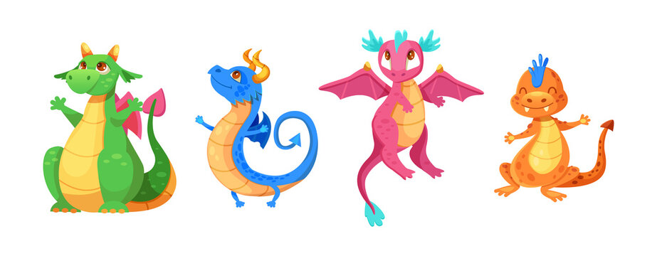 Magic fairy dragons set. Childish fantasy medieval reptile funny mythology monsters