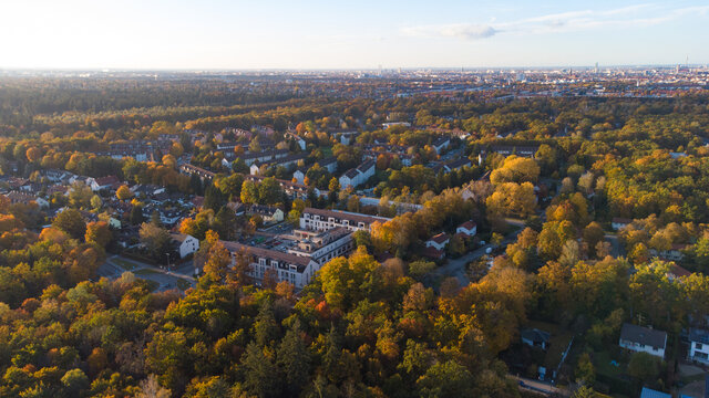Perlach town in Munich in a autumn landscape seen from aerial view