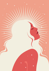 Portrait of a peaceful woman in profile. A face of a serene fashion model. Sunshine. Retreat. Yoga. Mental health. Avatar for social media. Vector illustration in flat style