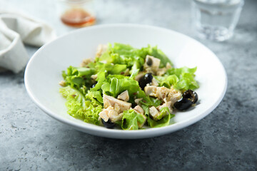 Healthy green salad with chicken and olives