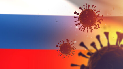 Omicron or Delta COVID-19 Coronavirus Molecules on Russian Federation Flag. Virus Pandemic in Russia. Mutated coronavirus SARS-CoV-2. Health crisis with rise in COVID cases. Place for text. 3d image