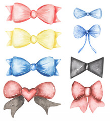 Watercolor illustration with colorful bows set. Ribbons collection. Hand drawn sketch illustration