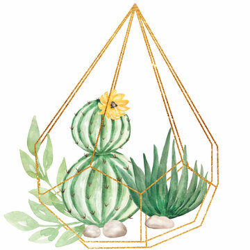 Watercolor Cactus Frame Clipart, Mexican Cacti Wreath Illustration, Floral Bouquet, Tropical Flower, Baby Shower, Wedding Invites, Logo Design
